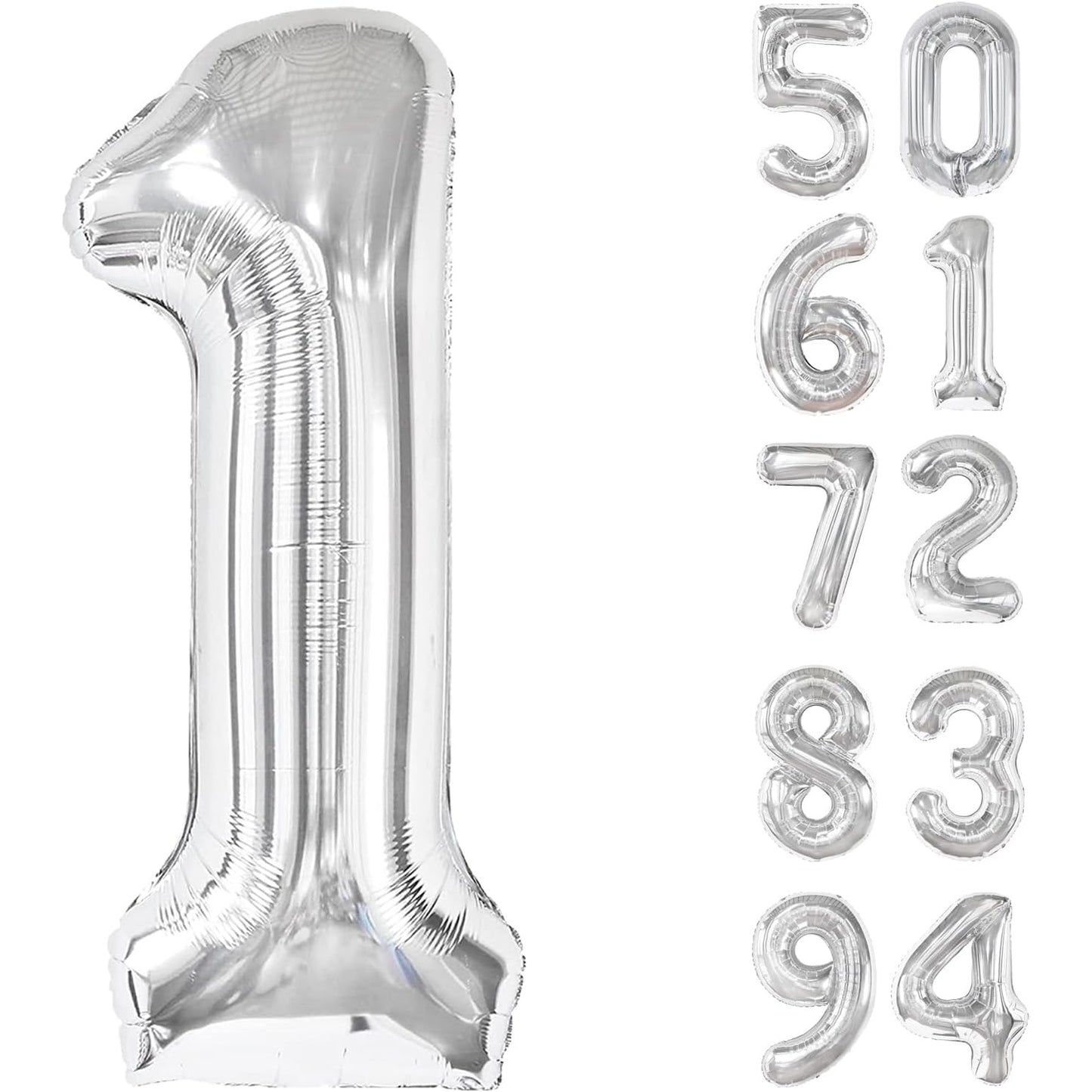 Balon din Folie Metalizata, Figurina Cifra, Tema Aniversare 40 cm, Ambalaj Individual, Pai inclus, Umflare cu Aer sau Heliu, Argintiu, Cifra 1