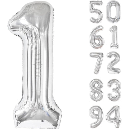 Balon din Folie Metalizata, Figurina Cifra, Tema Aniversare 40 cm, Ambalaj Individual, Pai inclus, Umflare cu Aer sau Heliu, Argintiu, Cifra 1