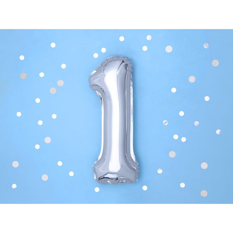 Balon din Folie Metalizata, Figurina Cifra, Tema Aniversare 40 cm, Ambalaj Individual, Pai inclus, Umflare cu Aer sau Heliu, Argintiu, Cifra 1