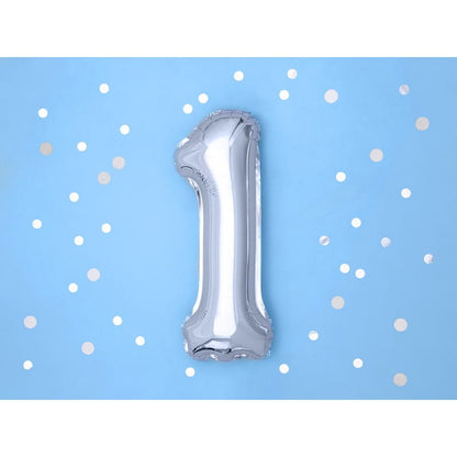 Balon din Folie Metalizata, Figurina Cifra, Tema Aniversare 40 cm, Ambalaj Individual, Pai inclus, Umflare cu Aer sau Heliu, Argintiu, Cifra 1
