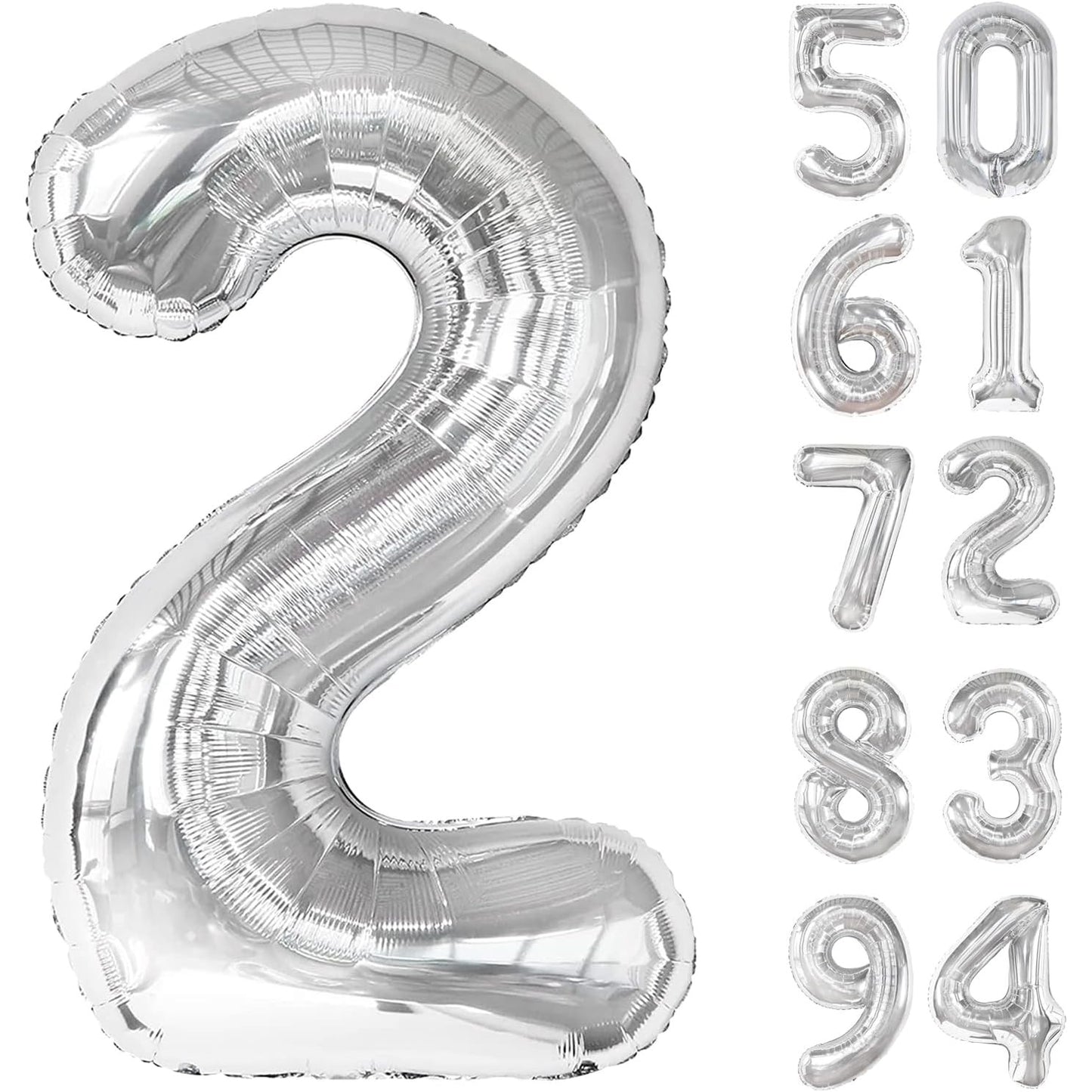 Balon din Folie Metalizata, Figurina Cifra, Tema Aniversare 40 cm, Ambalaj Individual, Pai inclus, Umflare cu Aer sau Heliu, Argintiu, Cifra 2