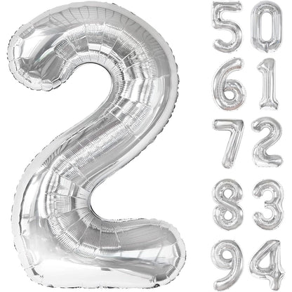 Balon din Folie Metalizata, Figurina Cifra, Tema Aniversare 40 cm, Ambalaj Individual, Pai inclus, Umflare cu Aer sau Heliu, Argintiu, Cifra 2