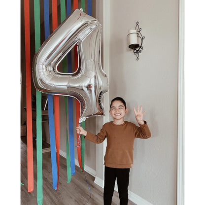 Balon din Folie Metalizata, Figurina Cifra, Tema Aniversare 40 cm, Ambalaj Individual, Pai inclus, Umflare cu Aer sau Heliu, Argintiu, Cifra 4