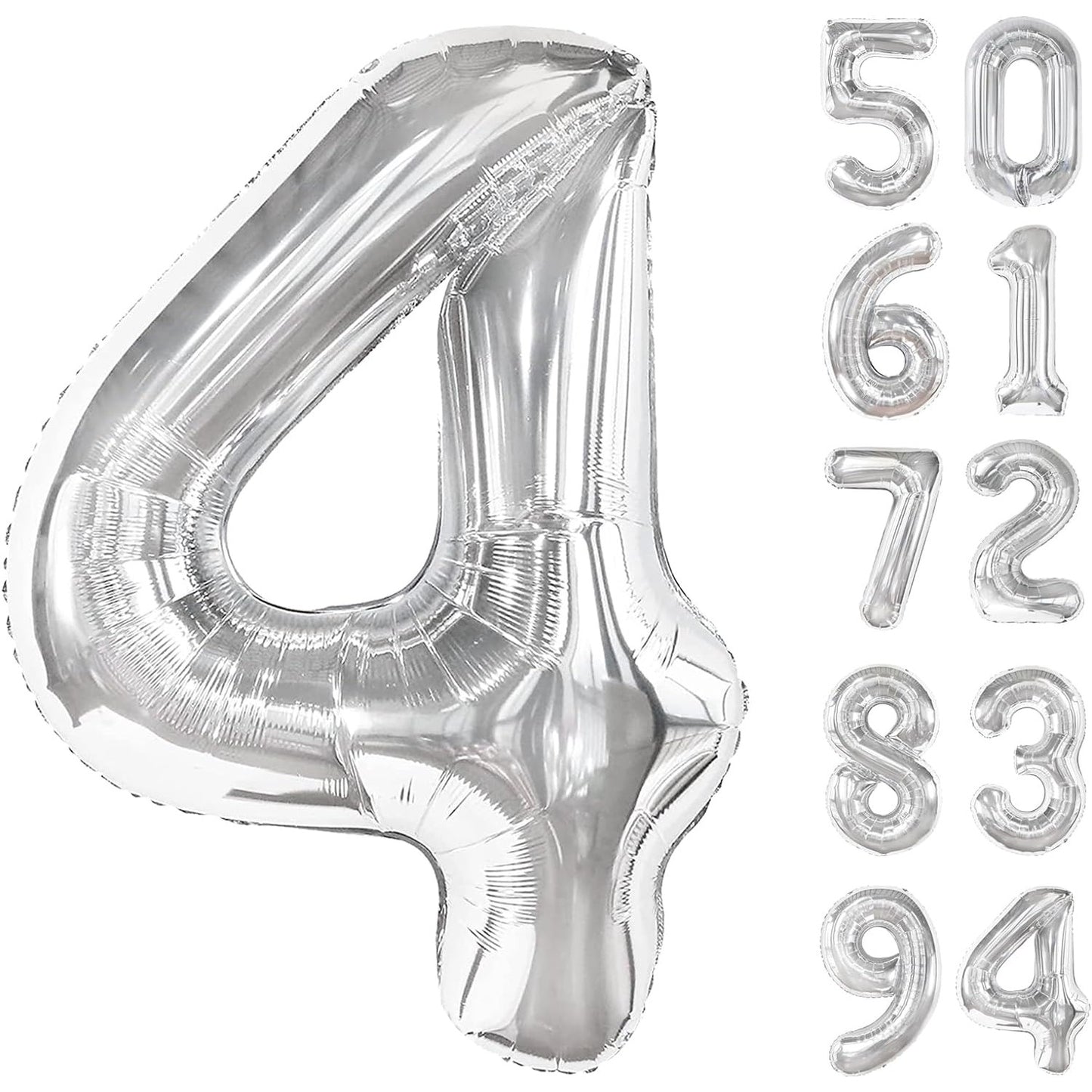 Balon din Folie Metalizata, Figurina Cifra, Tema Aniversare 40 cm, Ambalaj Individual, Pai inclus, Umflare cu Aer sau Heliu, Argintiu, Cifra 4