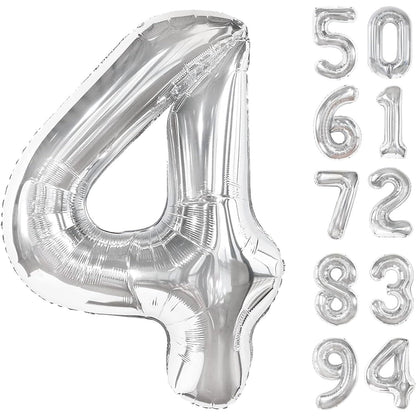 Balon din Folie Metalizata, Figurina Cifra, Tema Aniversare 40 cm, Ambalaj Individual, Pai inclus, Umflare cu Aer sau Heliu, Argintiu, Cifra 4