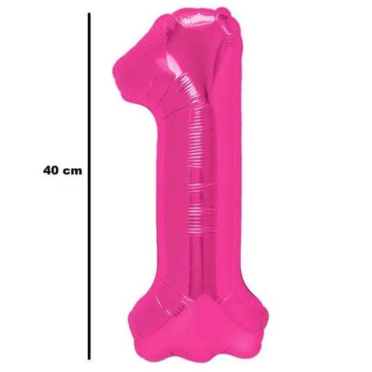 Balon din Folie Metalizata, Figurina Cifra, Tema Aniversare 40 cm, Ambalaj Individual, Pai inclus, Umflare cu Aer sau Heliu, Roz, Cifra 1