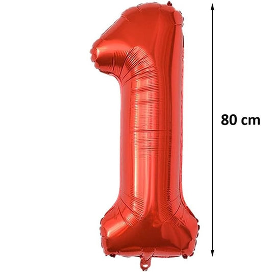 Balon din Folie Metalizata, Figurina Cifra, Tema Aniversare 80 cm, Ambalaj Individual, Pai inclus, Umflare cu Aer sau Heliu, Rosu, Cifra 1