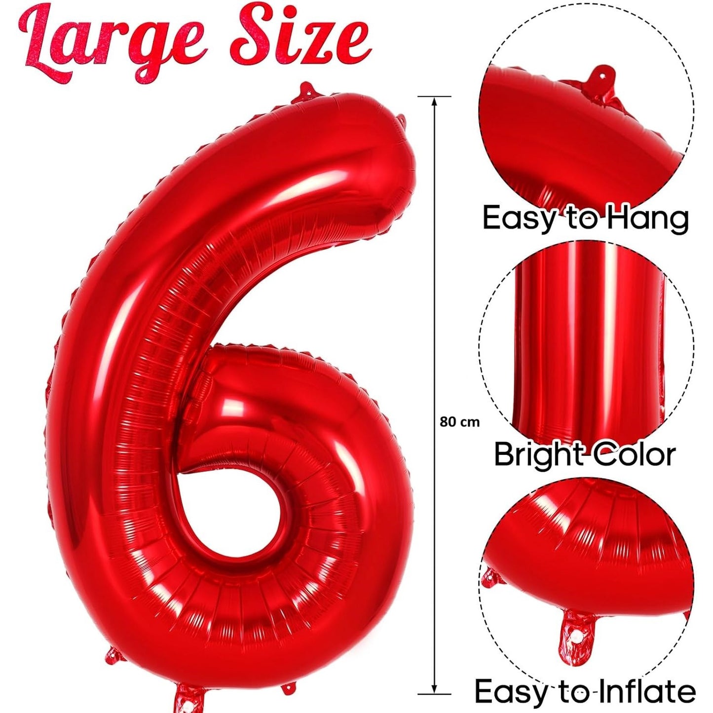 Balon din Folie Metalizata, Figurina Cifra, Tema Aniversare 80 cm, Ambalaj Individual, Pai inclus, Umflare cu Aer sau Heliu, Rosu, Cifra 6
