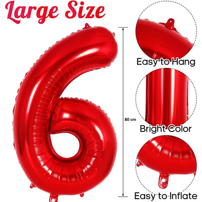 Balon din Folie Metalizata, Figurina Cifra, Tema Aniversare 80 cm, Ambalaj Individual, Pai inclus, Umflare cu Aer sau Heliu, Rosu, Cifra 6