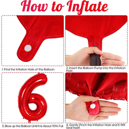 Balon din Folie Metalizata, Figurina Cifra, Tema Aniversare 80 cm, Ambalaj Individual, Pai inclus, Umflare cu Aer sau Heliu, Rosu, Cifra 6