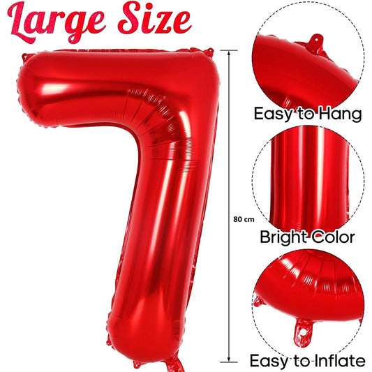 Balon din Folie Metalizata, Figurina Cifra, Tema Aniversare 80 cm, Ambalaj Individual, Pai inclus, Umflare cu Aer sau Heliu, Rosu, Cifra 7