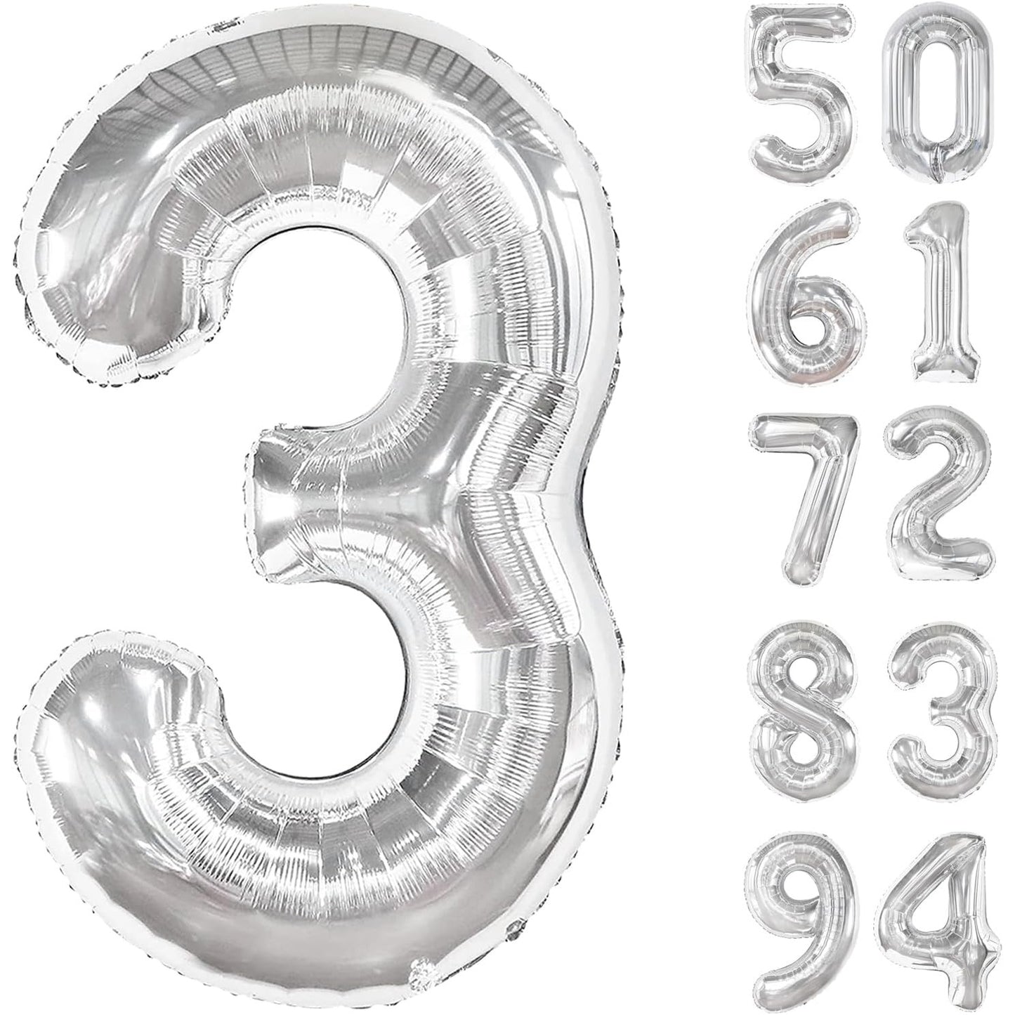 Balon din Folie Metalizata, Figurina Cifra, Tema Aniversare 40 cm, Ambalaj Individual, Pai inclus, Umflare cu Aer sau Heliu, Argintiu, Cifra 3