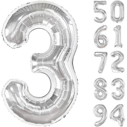 Balon din Folie Metalizata, Figurina Cifra, Tema Aniversare 40 cm, Ambalaj Individual, Pai inclus, Umflare cu Aer sau Heliu, Argintiu, Cifra 3
