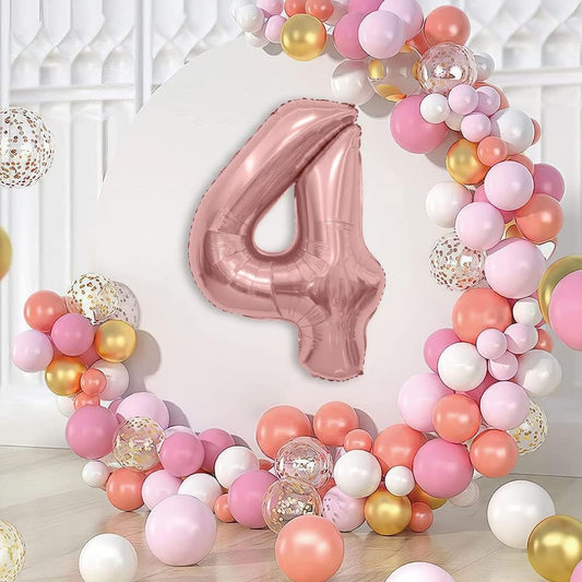 Balon din Folie Metalizata, Figurina Cifra, Tema Aniversare 80 cm, Ambalaj Individual, Pai inclus, Umflare cu Aer sau Heliu, Rose, Cifra 4