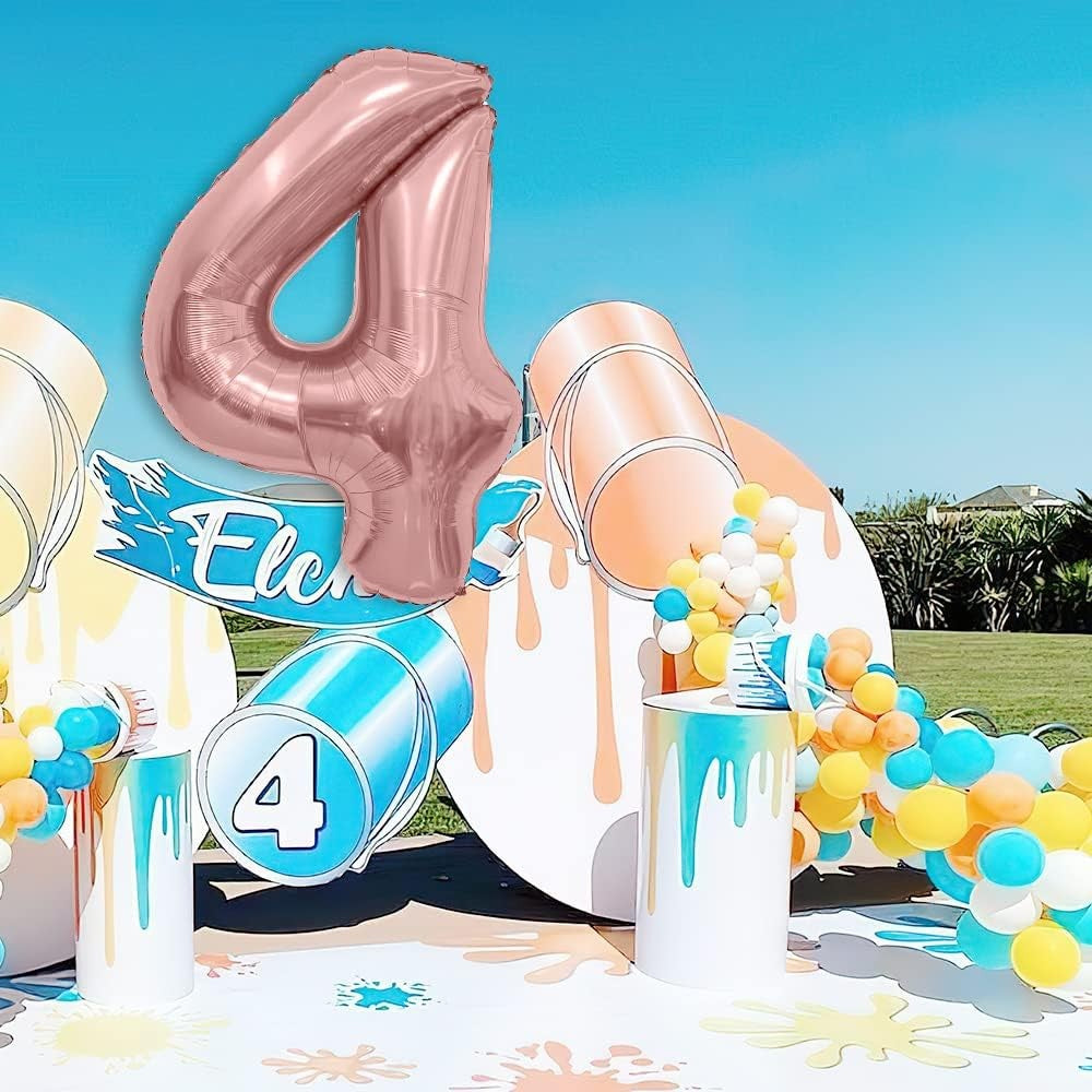 Balon din Folie Metalizata, Figurina Cifra, Tema Aniversare 80 cm, Ambalaj Individual, Pai inclus, Umflare cu Aer sau Heliu, Rose, Cifra 4