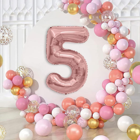 Balon din Folie Metalizata, Figurina Cifra, Tema Aniversare 80 cm, Ambalaj Individual, Pai inclus, Umflare cu Aer sau Heliu, Rose, Cifra 5
