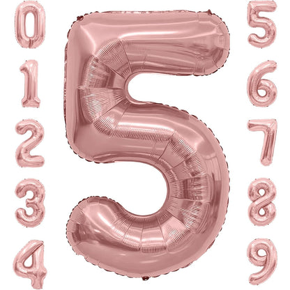 Balon din Folie Metalizata, Figurina Cifra, Tema Aniversare 80 cm, Ambalaj Individual, Pai inclus, Umflare cu Aer sau Heliu, Rose, Cifra 5
