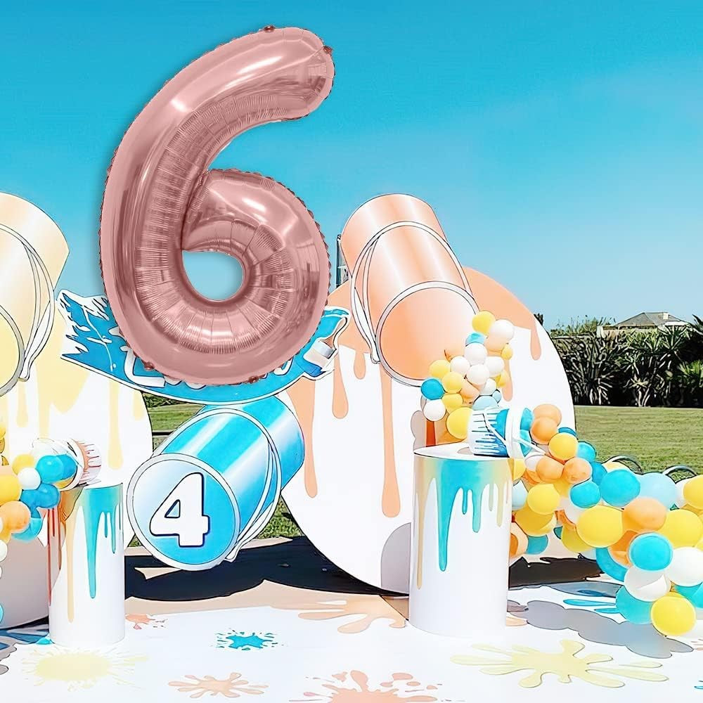 Balon din Folie Metalizata, Figurina Cifra, Tema Aniversare 80 cm, Ambalaj Individual, Pai inclus, Umflare cu Aer sau Heliu, Rose, Cifra 6