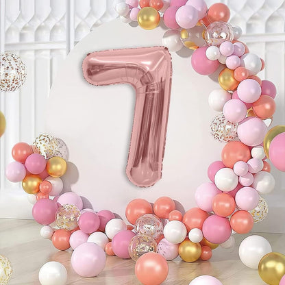 Balon din Folie Metalizata, Figurina Cifra, Tema Aniversare 80 cm, Ambalaj Individual, Pai inclus, Umflare cu Aer sau Heliu, Rose, Cifra 7