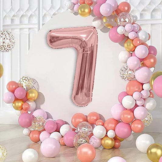 Balon din Folie Metalizata, Figurina Cifra, Tema Aniversare 80 cm, Ambalaj Individual, Pai inclus, Umflare cu Aer sau Heliu, Rose, Cifra 7