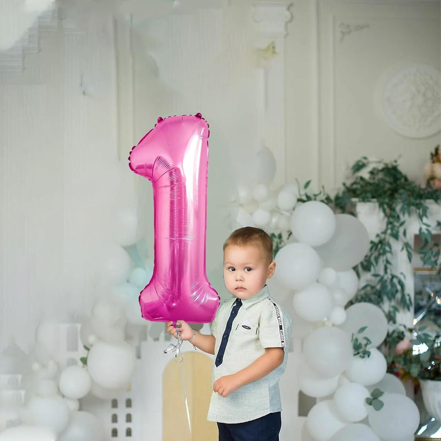 Balon din Folie Metalizata, Figurina Cifra, Tema Aniversare 80 cm, Ambalaj Individual, Pai inclus, Umflare cu Aer sau Heliu, Roz, Cifra 1