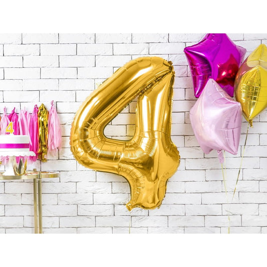 Balon din Folie Metalizata, Figurina Cifra, Tema Aniversare 40 cm, Ambalaj Individual, Pai inclus, Umflare cu Aer sau Heliu, Auriu, Cifra 4