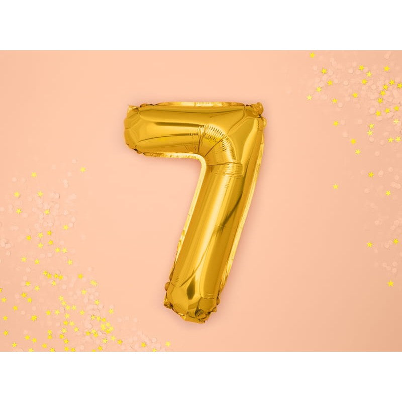 Balon din Folie Metalizata, Figurina Cifra, Tema Aniversare 40 cm, Ambalaj Individual, Pai inclus, Umflare cu Aer sau Heliu, Auriu, Cifra 7