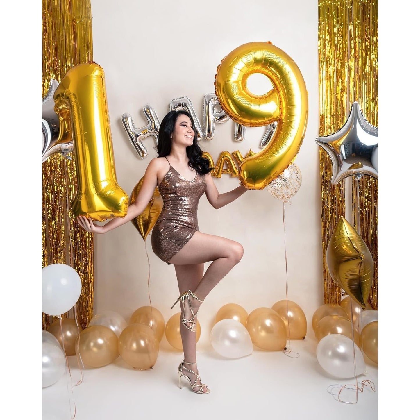 Balon din Folie Metalizata, Figurina Cifra, Tema Aniversare 40 cm, Ambalaj Individual, Pai inclus, Umflare cu Aer sau Heliu, Auriu, Cifra 9