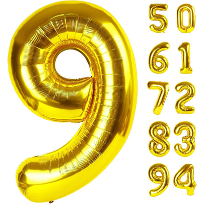 Balon din Folie Metalizata, Figurina Cifra, Tema Aniversare 40 cm, Ambalaj Individual, Pai inclus, Umflare cu Aer sau Heliu, Auriu, Cifra 9