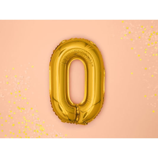Balon din Folie Metalizata, Figurina Cifra, Tema Aniversare 80 cm, Ambalaj Individual, Pai inclus, Umflare cu Aer sau Heliu, Auriu, Cifra 0