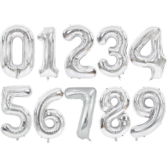 Balon din Folie Metalizata, Figurina Cifra, Tema Aniversare 40 cm, Ambalaj Individual, Pai inclus, Umflare cu Aer sau Heliu, Argintiu, Cifra 0