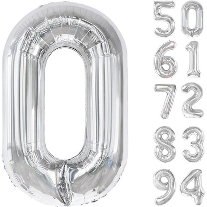 Balon din Folie Metalizata, Figurina Cifra, Tema Aniversare 80 cm, Ambalaj Individual, Pai inclus, Umflare cu Aer sau Heliu, Argintiu, Cifra 0