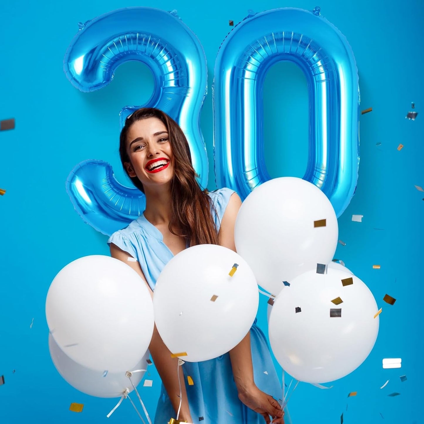Balon din Folie Metalizata, Figurina Cifra, Tema Aniversare 80 cm, Ambalaj Individual, Pai inclus, Umflare cu Aer sau Heliu, Albastru, Cifra 0