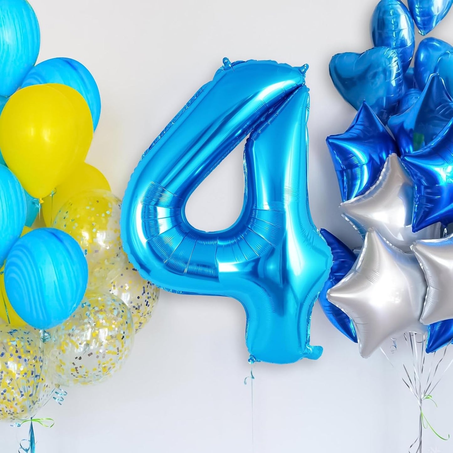 Balon din Folie Metalizata, Figurina Cifra, Tema Aniversare 80 cm, Ambalaj Individual, Pai inclus, Umflare cu Aer sau Heliu, Albastru, Cifra 4