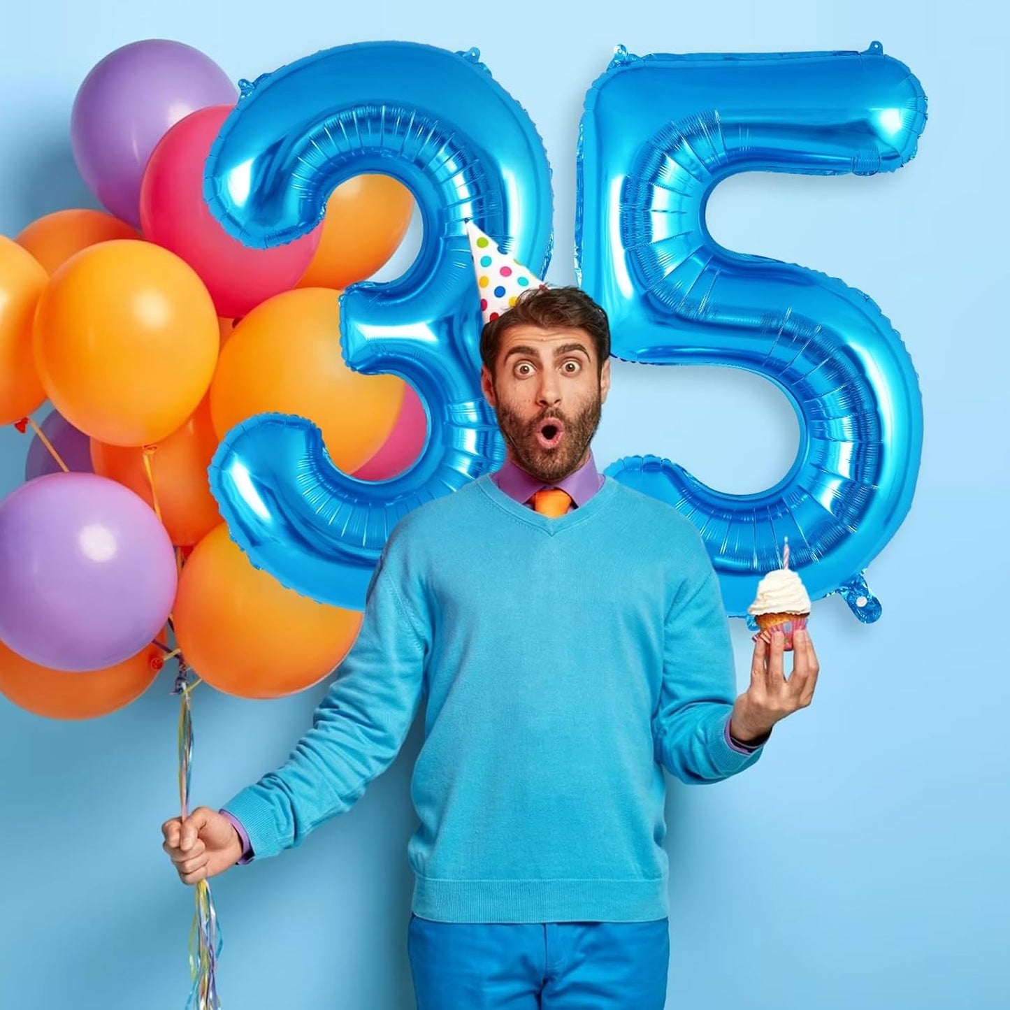 Balon din Folie Metalizata, Figurina Cifra, Tema Aniversare 80 cm, Ambalaj Individual, Pai inclus, Umflare cu Aer sau Heliu, Albastru, Cifra 5