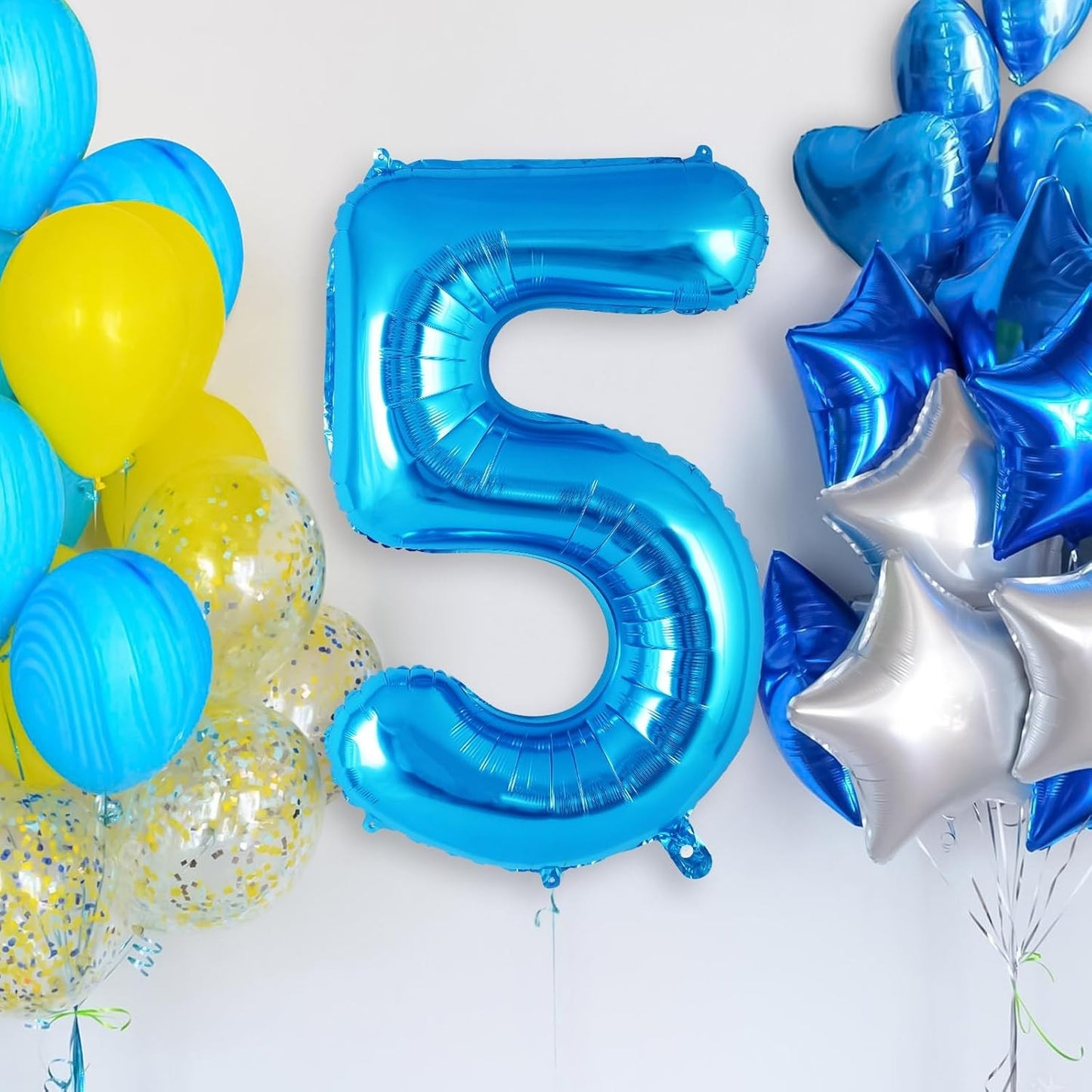 Balon din Folie Metalizata, Figurina Cifra, Tema Aniversare 80 cm, Ambalaj Individual, Pai inclus, Umflare cu Aer sau Heliu, Albastru, Cifra 5