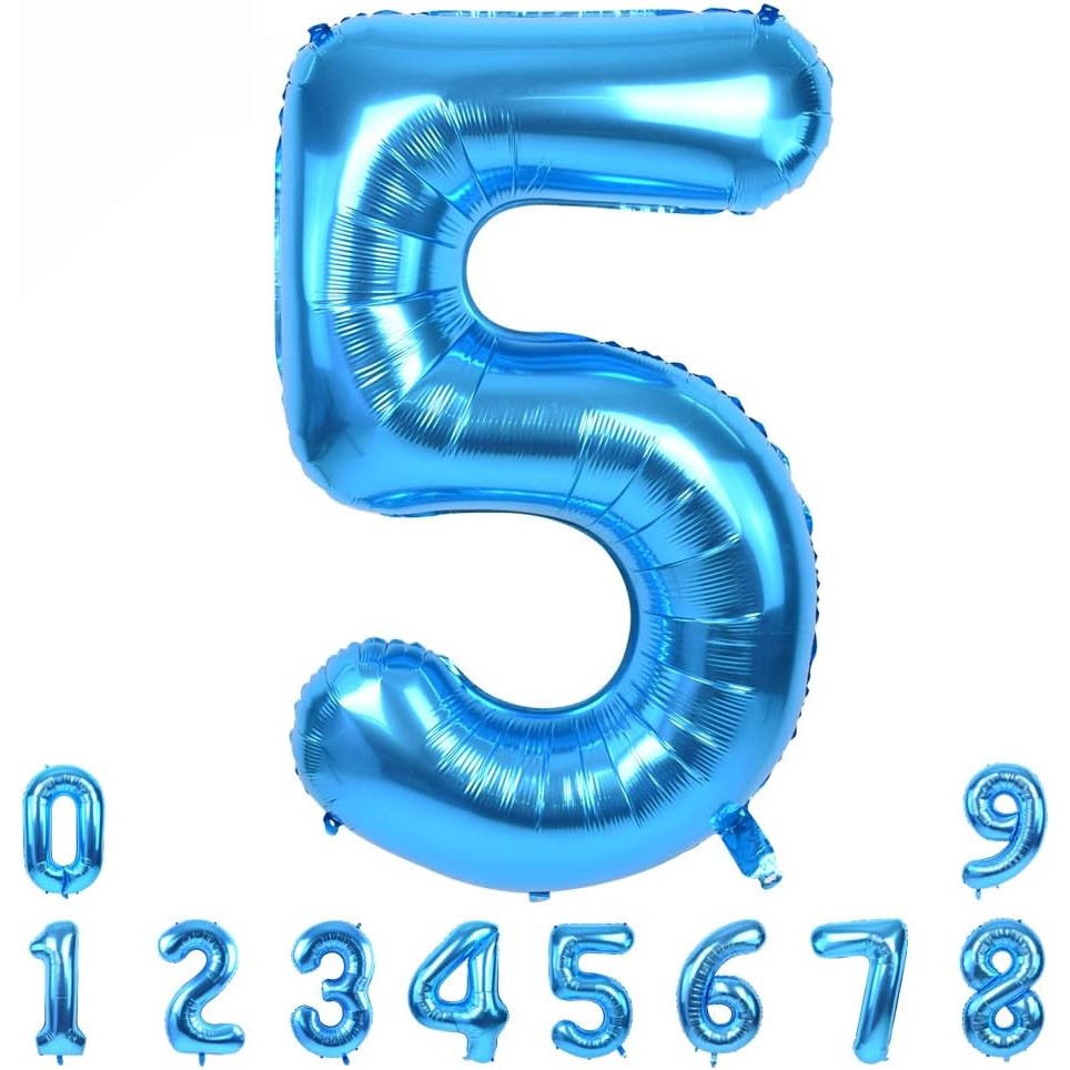 Balon din Folie Metalizata, Figurina Cifra, Tema Aniversare 80 cm, Ambalaj Individual, Pai inclus, Umflare cu Aer sau Heliu, Albastru, Cifra 5