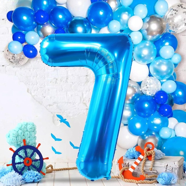 Balon din Folie Metalizata, Figurina Cifra, Tema Aniversare 80 cm, Ambalaj Individual, Pai inclus, Umflare cu Aer sau Heliu, Albastru, Cifra 7