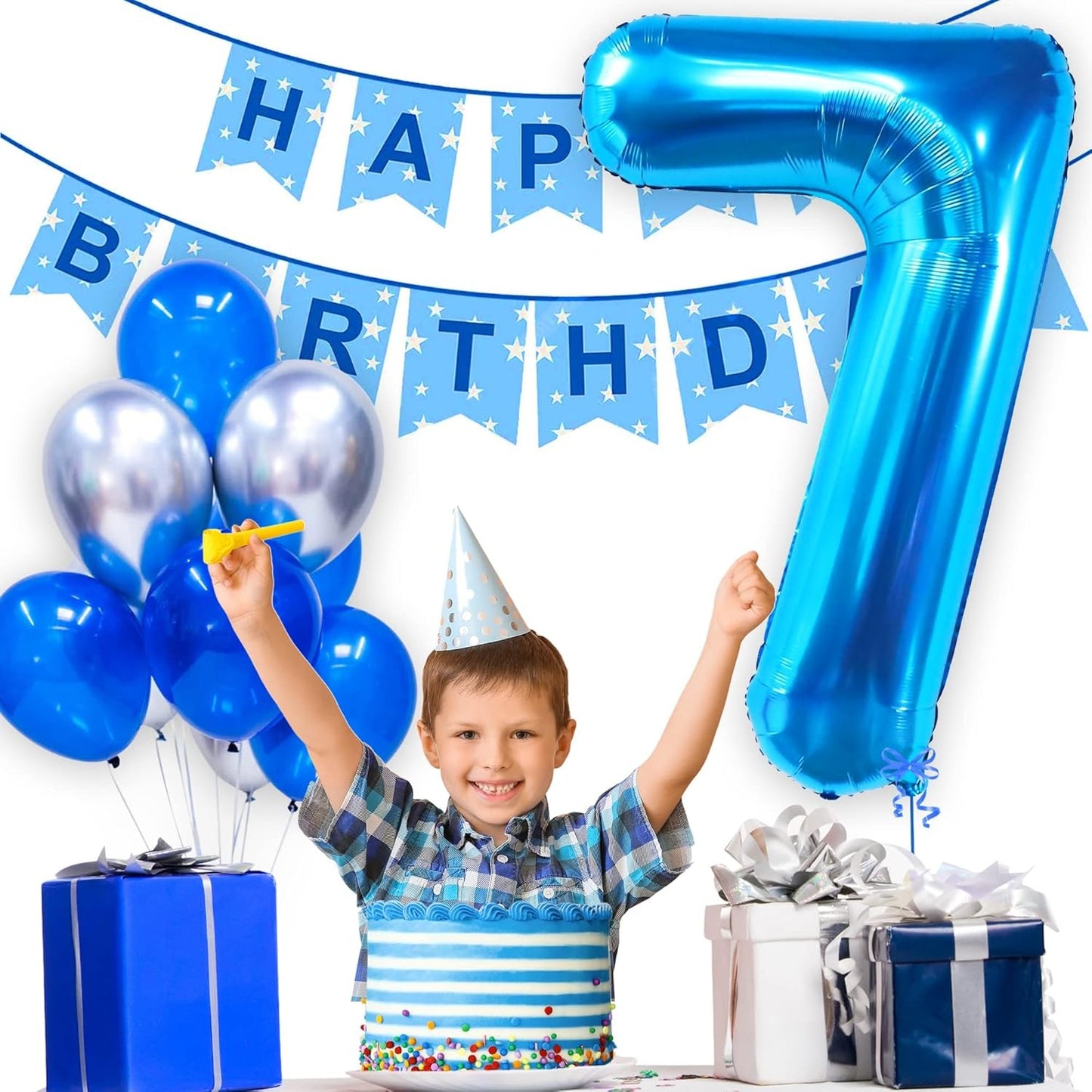 Balon din Folie Metalizata, Figurina Cifra, Tema Aniversare 80 cm, Ambalaj Individual, Pai inclus, Umflare cu Aer sau Heliu, Albastru, Cifra 7