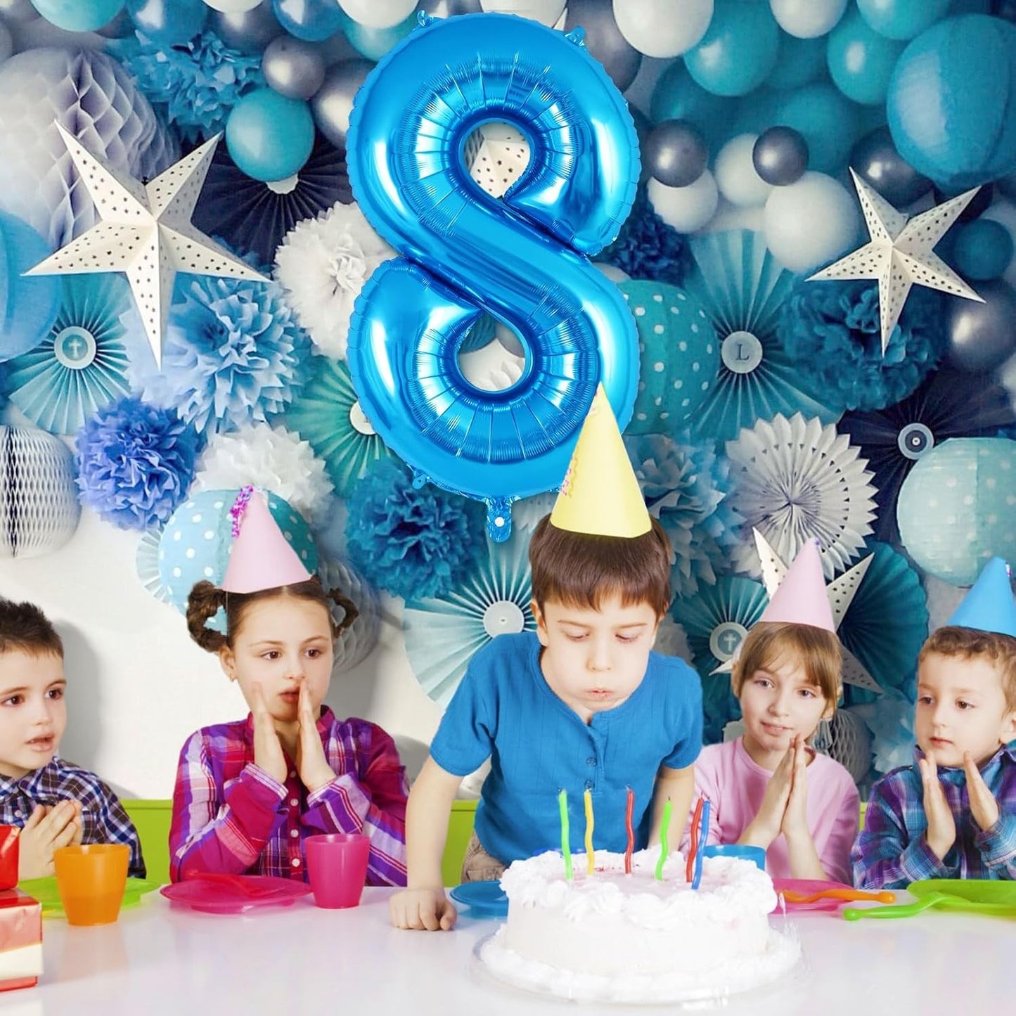 Balon din Folie Metalizata, Figurina Cifra, Tema Aniversare 80 cm, Ambalaj Individual, Pai inclus, Umflare cu Aer sau Heliu, Albastru, Cifra 8