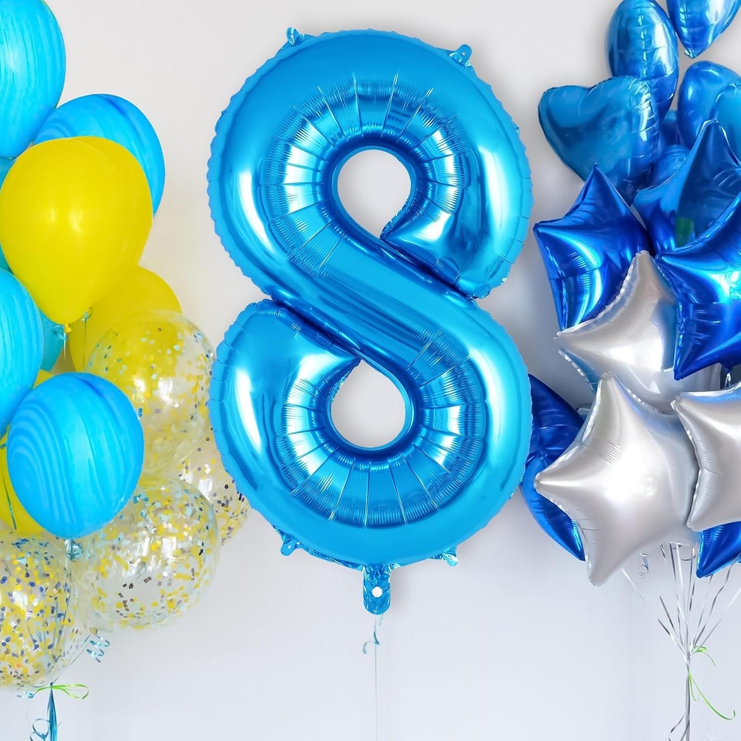 Balon din Folie Metalizata, Figurina Cifra, Tema Aniversare 80 cm, Ambalaj Individual, Pai inclus, Umflare cu Aer sau Heliu, Albastru, Cifra 8