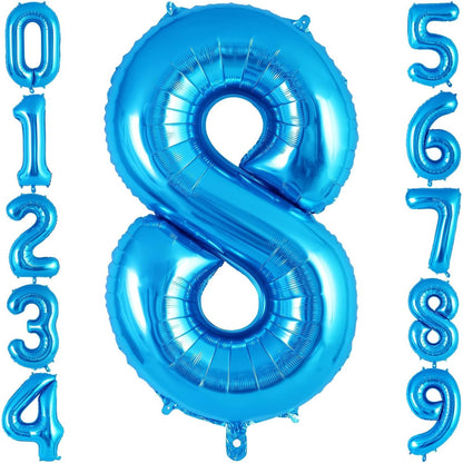 Balon din Folie Metalizata, Figurina Cifra, Tema Aniversare 80 cm, Ambalaj Individual, Pai inclus, Umflare cu Aer sau Heliu, Albastru, Cifra 8