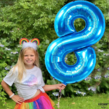 Balon din Folie Metalizata, Figurina Cifra, Tema Aniversare 80 cm, Ambalaj Individual, Pai inclus, Umflare cu Aer sau Heliu, Albastru, Cifra 8