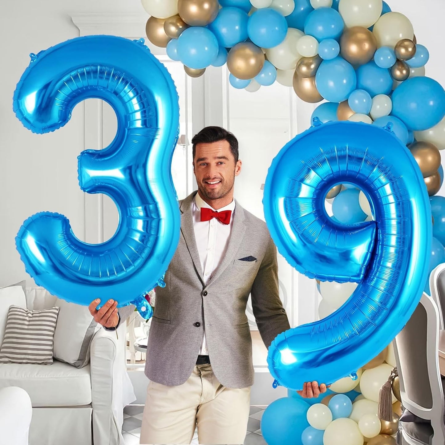 Balon din Folie Metalizata, Figurina Cifra, Tema Aniversare 80 cm, Ambalaj Individual, Pai inclus, Umflare cu Aer sau Heliu, Albastru, Cifra 9