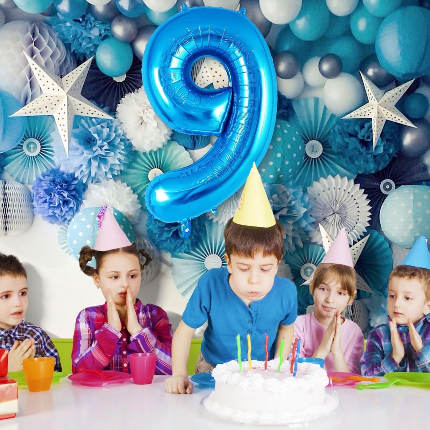 Balon din Folie Metalizata, Figurina Cifra, Tema Aniversare 80 cm, Ambalaj Individual, Pai inclus, Umflare cu Aer sau Heliu, Albastru, Cifra 9