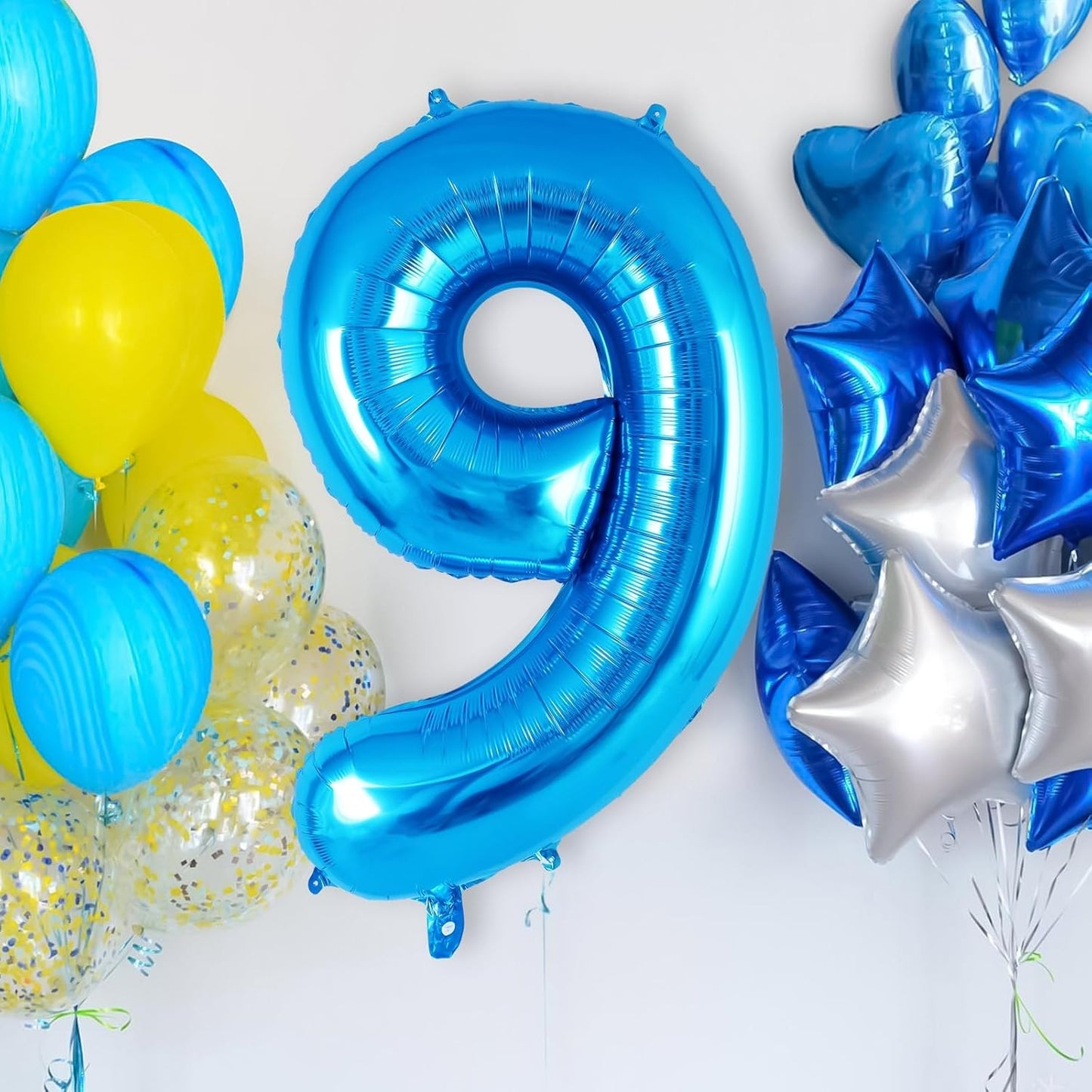 Balon din Folie Metalizata, Figurina Cifra, Tema Aniversare 80 cm, Ambalaj Individual, Pai inclus, Umflare cu Aer sau Heliu, Albastru, Cifra 9