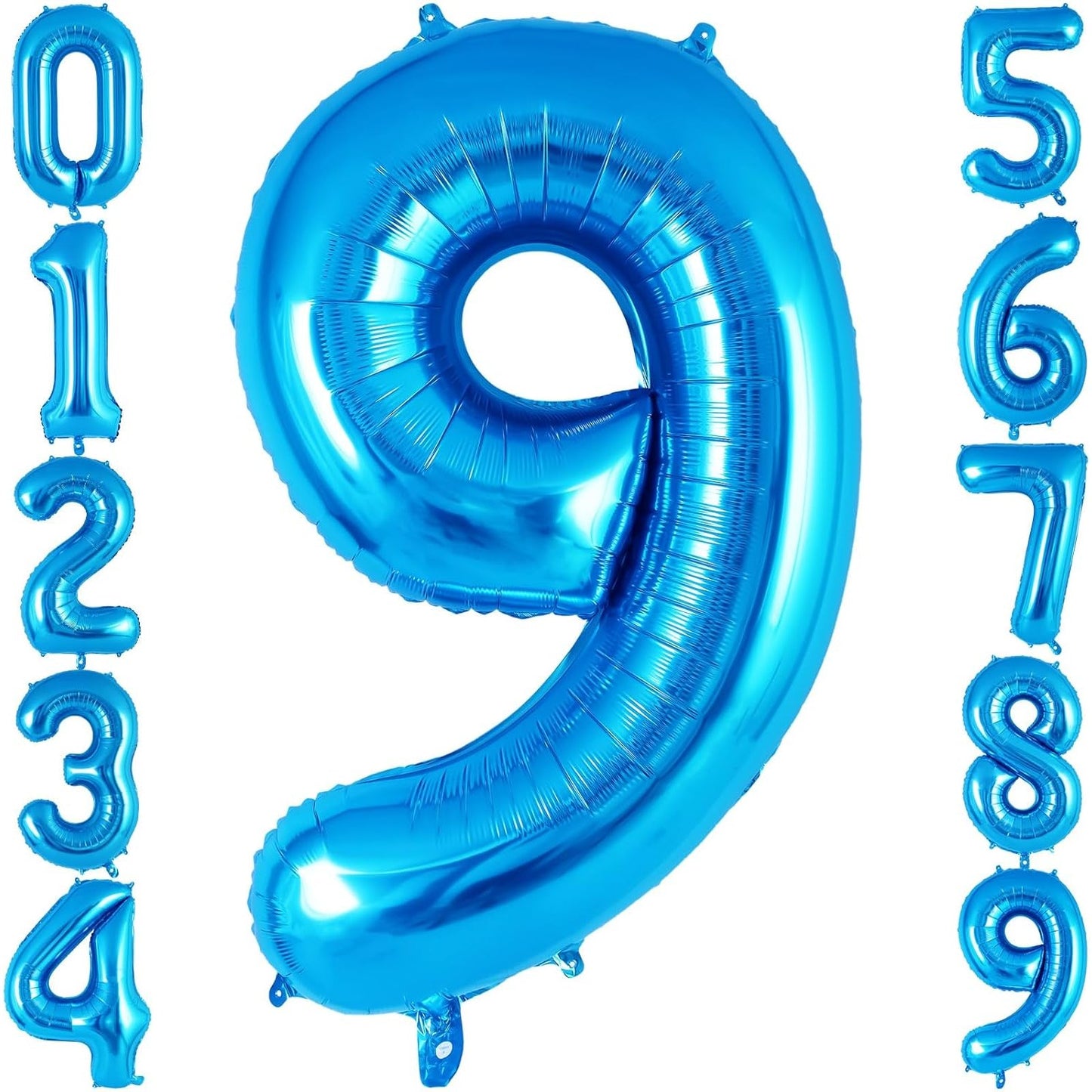Balon din Folie Metalizata, Figurina Cifra, Tema Aniversare 80 cm, Ambalaj Individual, Pai inclus, Umflare cu Aer sau Heliu, Albastru, Cifra 9