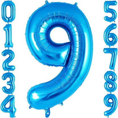 Balon din Folie Metalizata, Figurina Cifra, Tema Aniversare 80 cm, Ambalaj Individual, Pai inclus, Umflare cu Aer sau Heliu, Albastru, Cifra 9