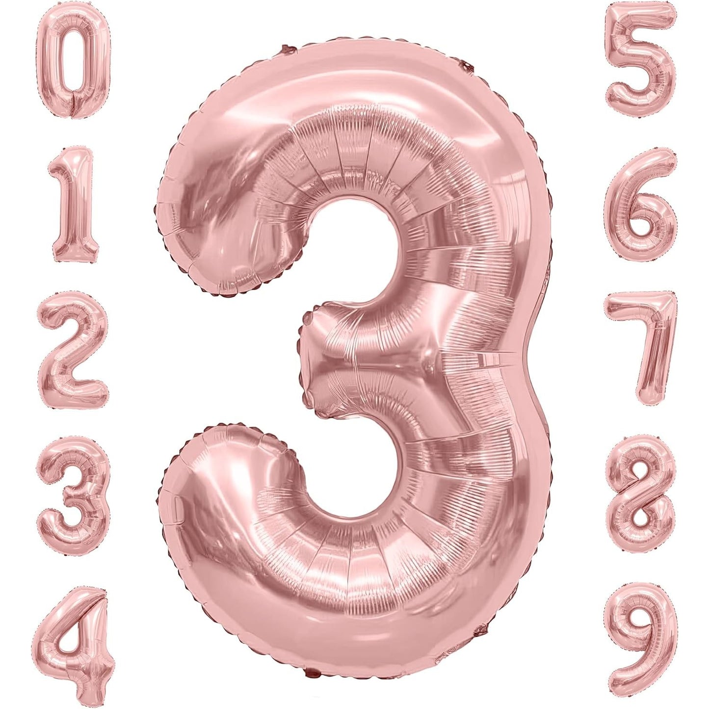 Balon din Folie Metalizata, Figurina Cifra, Tema Aniversare 80 cm, Ambalaj Individual, Pai inclus, Umflare cu Aer sau Heliu, Rose Gold, Cifra 3