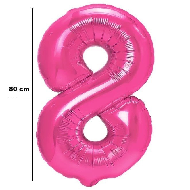 Balon din Folie Metalizata, Figurina Cifra, Tema Aniversare 80 cm, Ambalaj Individual, Pai inclus, Umflare cu Aer sau Heliu, Roz, Cifra 8